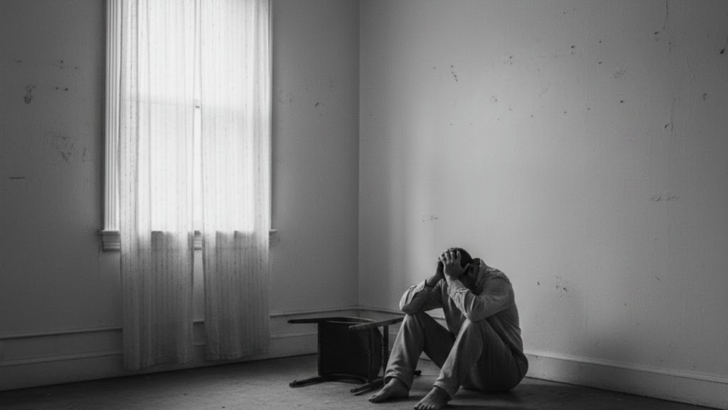 Man struggling with fentanyl addiction in an empty room alone.